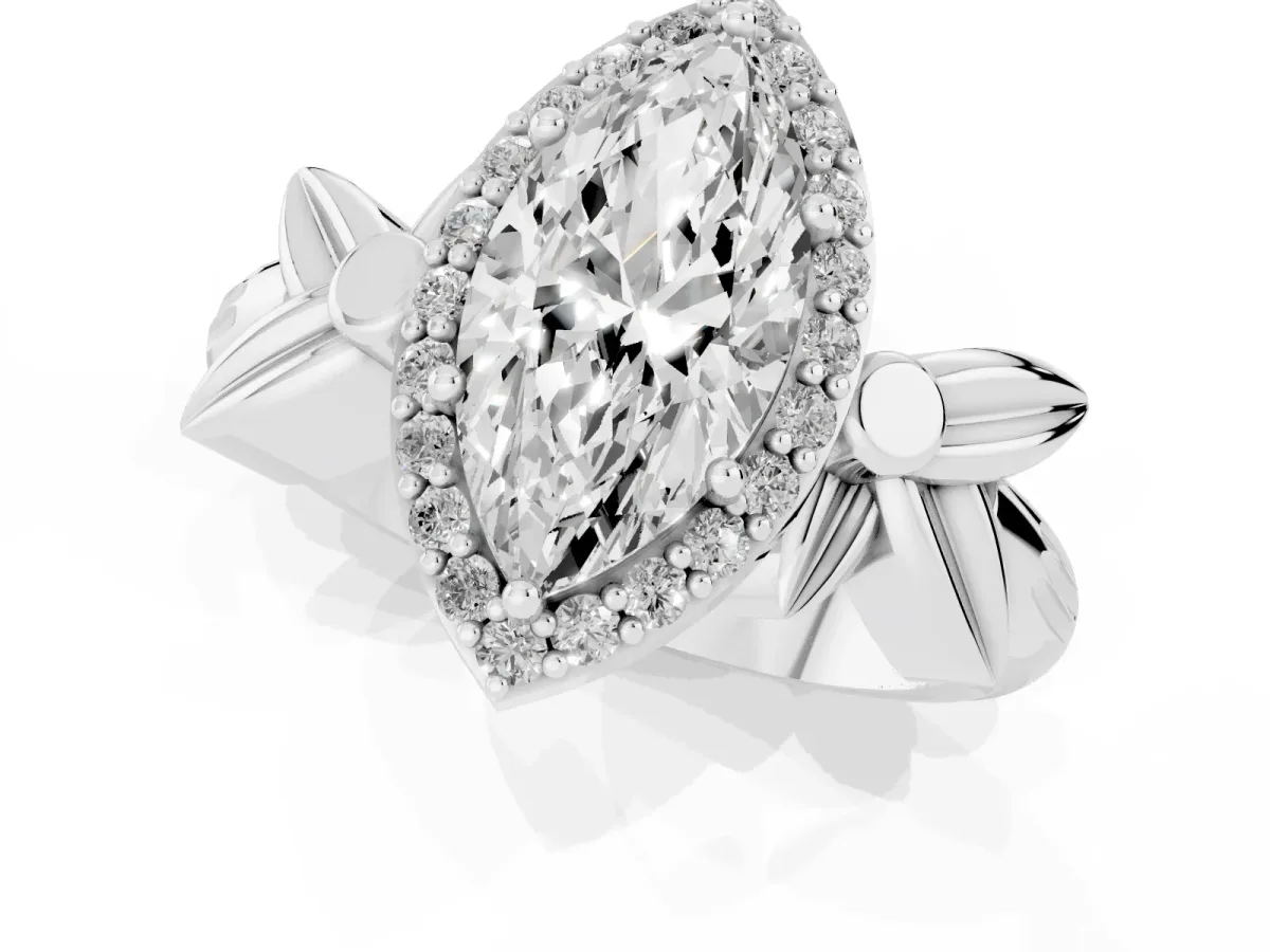 Marquise Cut Halo Diamond Floral Band with Four-Prong Setting White gold