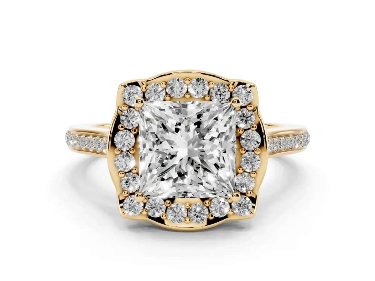 Princess Cut Halo Round Diamond Pave Band with Four-Prong Setting Yellow gold