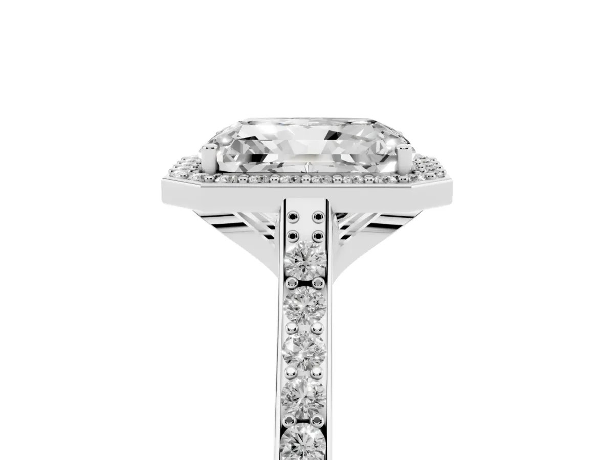 Radiant Cut Diamond Halo Engagement Ring with Round Pavé Shoulders and Prong Setting White gold