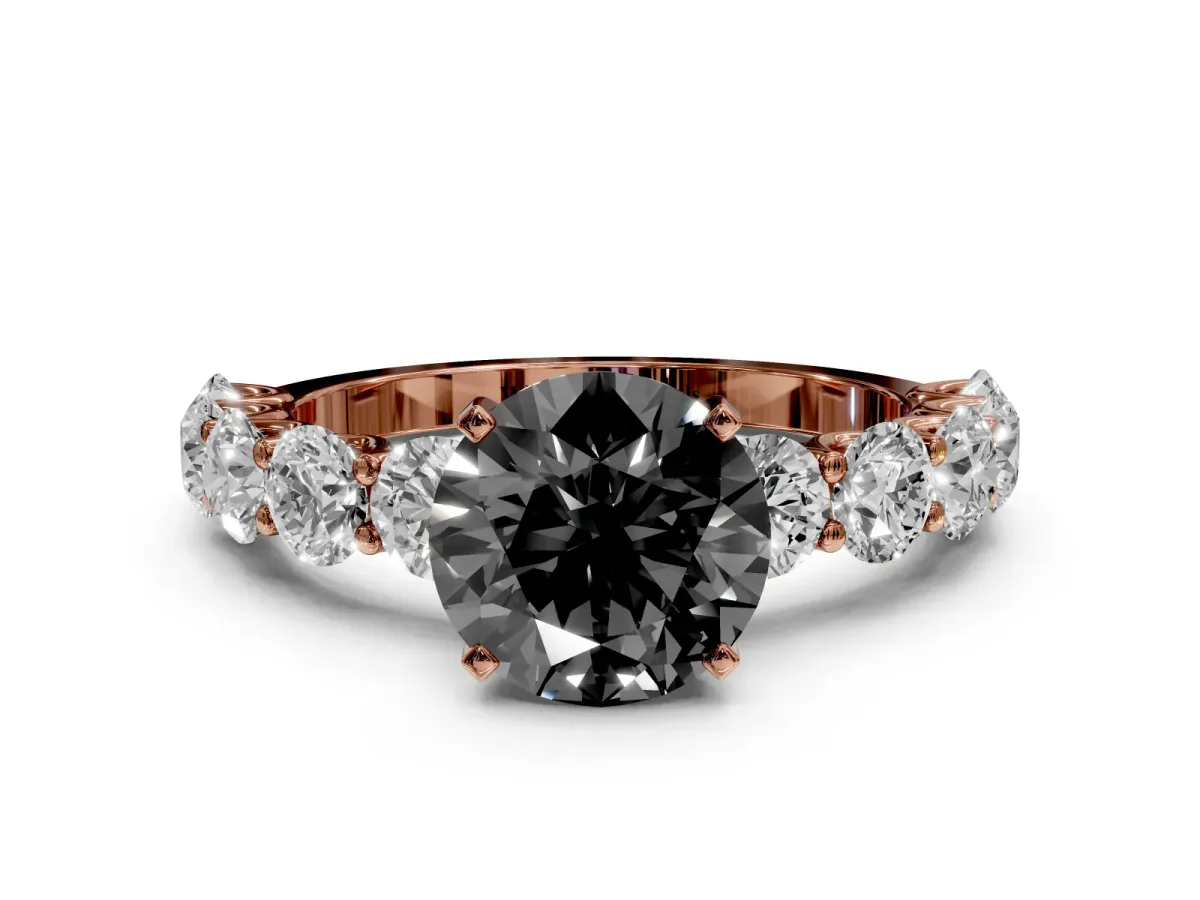 Fancy Black Round Cut Diamond Prong Setting with Side Stones on a Pave Band Rose gold