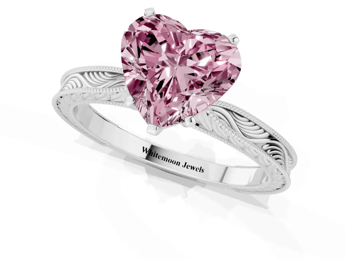 Fancy Pink Heart Cut Solitaire Milgrain Engraved Band with Four-Prong Setting Silver