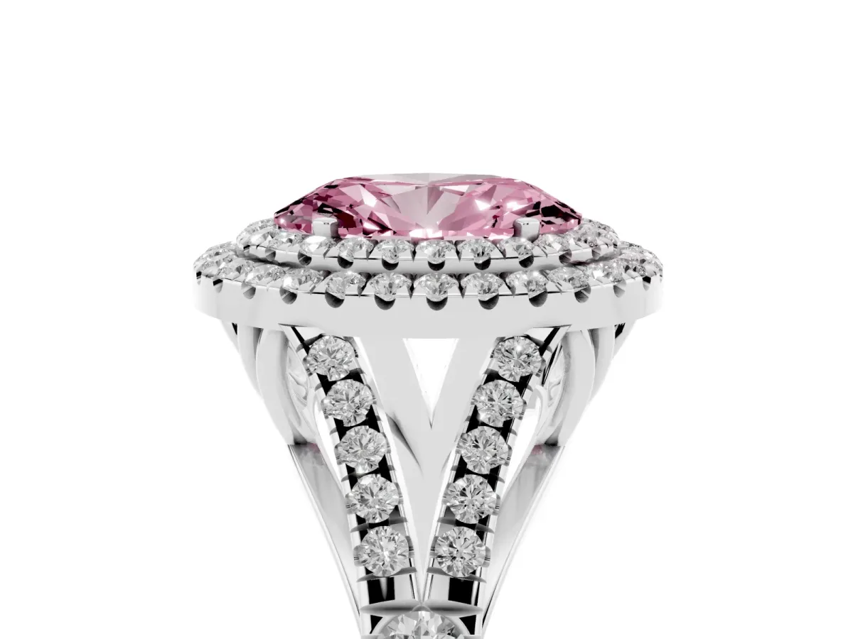 Fancy Pink Double Halo Oval Cut Diamond Split Shank Engagement Ring with Four-Prong Setting Silver