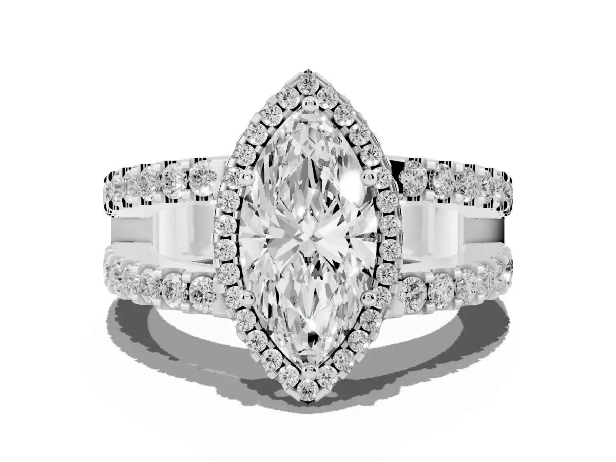 Marquise Cut Cut Halo Split Shank Diamond Ring with Four-Prong Setting Silver