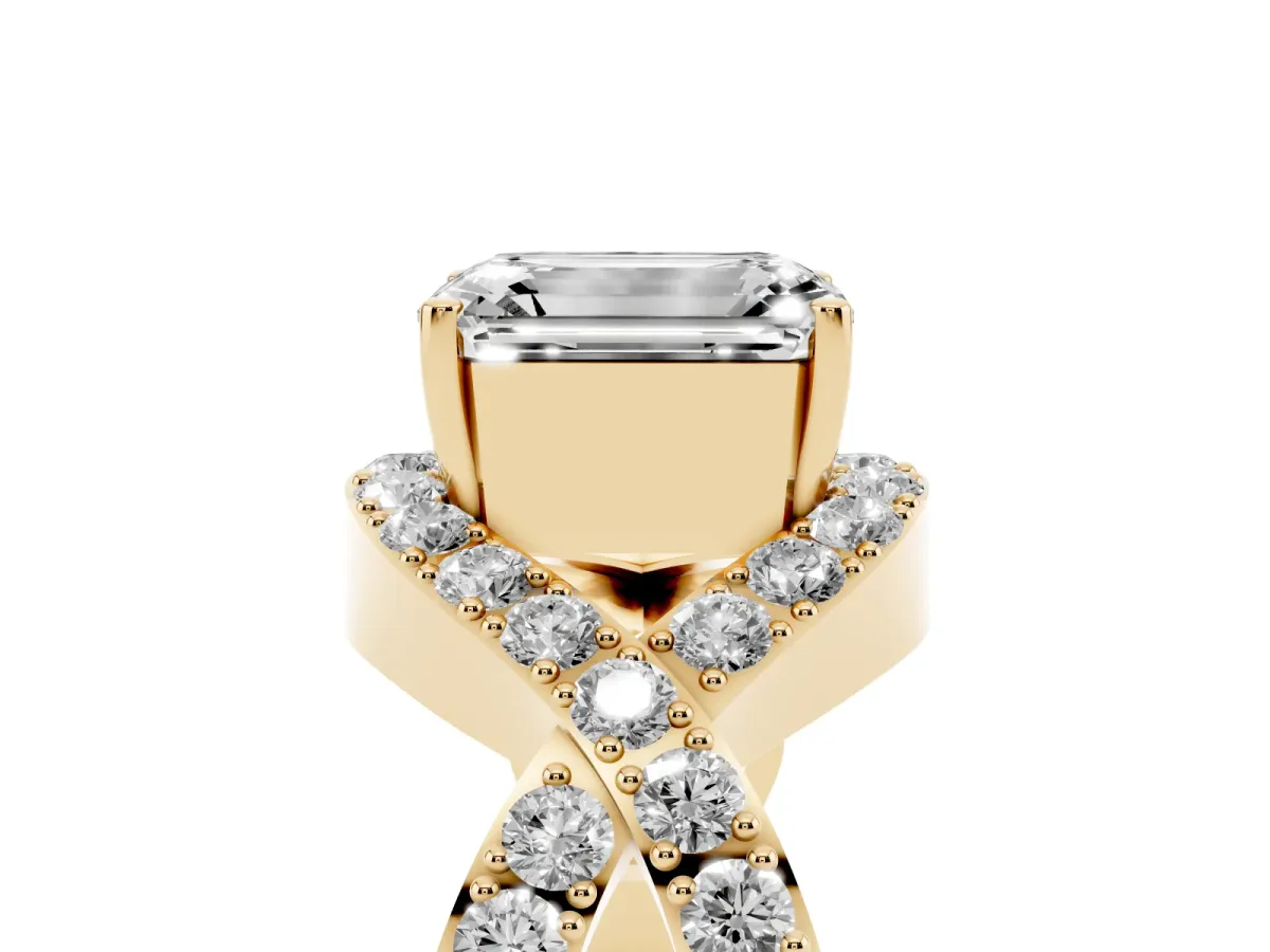 Emerald Cut Solitaire Twist Band Pavé Diamond Engagement Ring Yellow gold