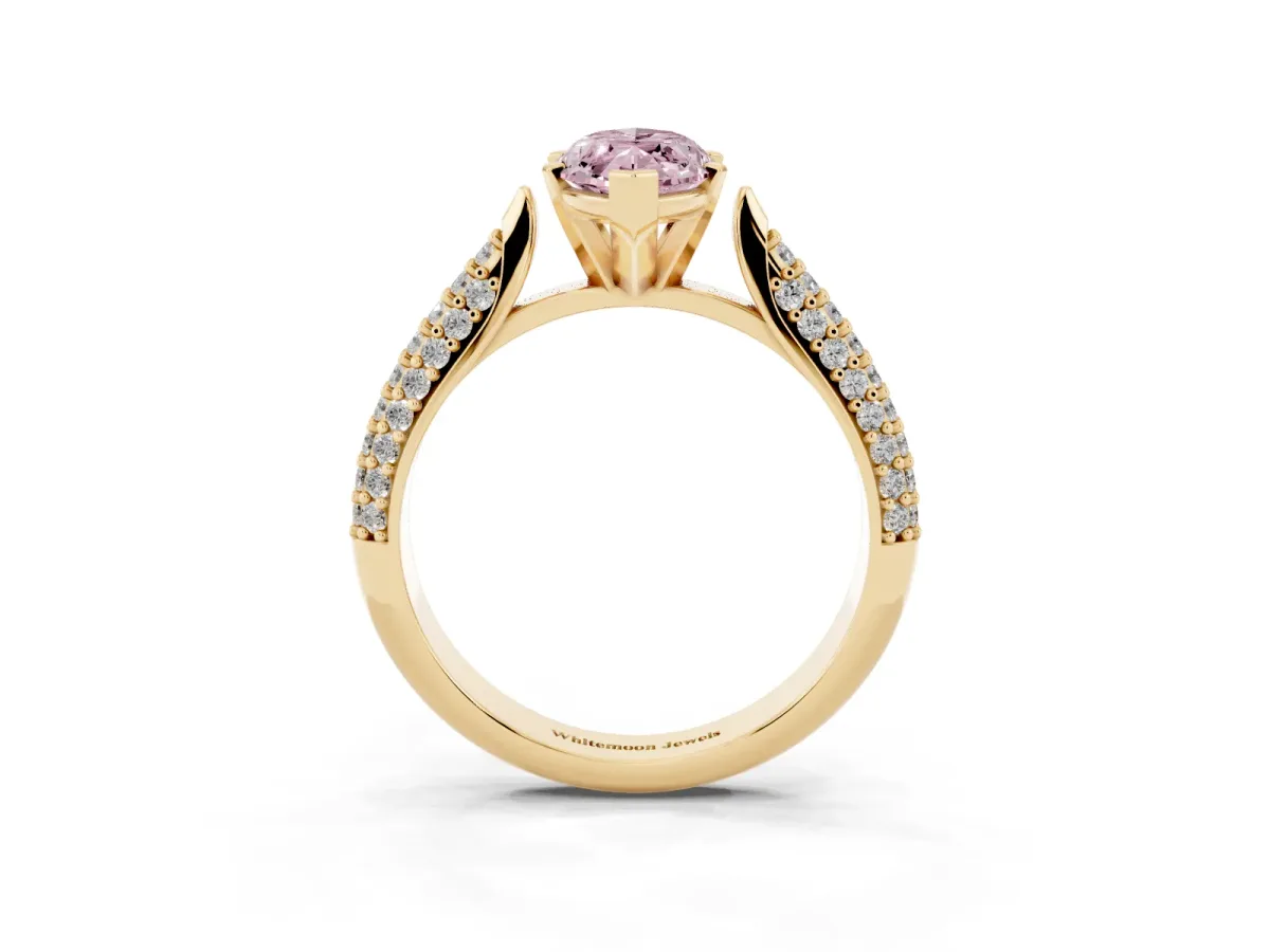 Fancy Pink Marquise Cut Diamond Solitaire Engagement Ring with Multi-Row Round Pavé Band and Prong Setting Yellow gold