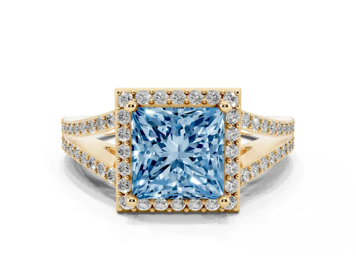 Fancy Blue Princess Cut Halo Split Shank Pave Diamond Ring with Four-Prong Setting Yellow gold