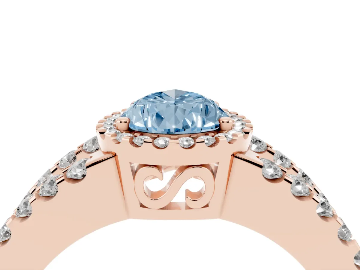 Fancy Blue Pear Cut Cut Halo Split Shank Diamond Ring with Four-Prong Setting Rose gold