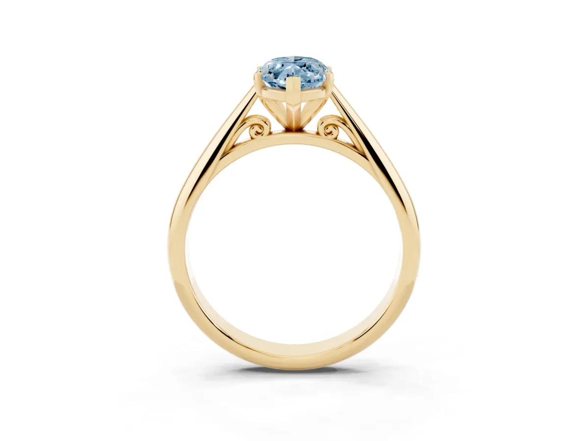 Fancy Blue Marquise Cut Diamond Solitaire Engagement Ring with Cathedral Setting and Four-Prong Mount Yellow gold