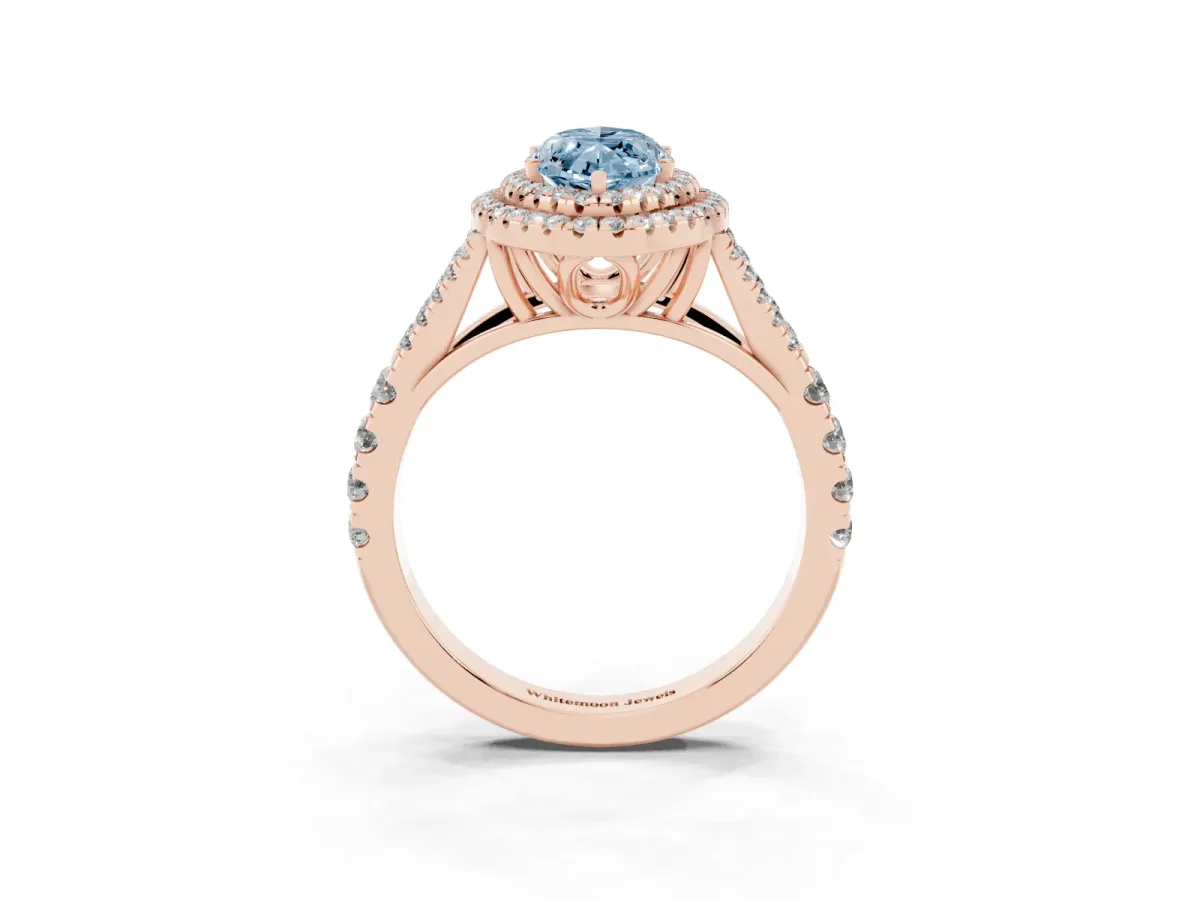 Fancy Blue Marquise Cut Diamond Pavé Split Shank Double Halo Engagement Ring Rose gold