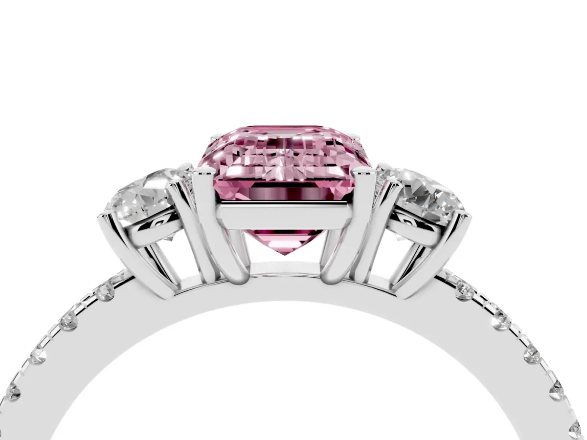 Fancy Pink Three-Stone Emerald Cut Cut Diamond Pavé Band with Prong Setting Silver