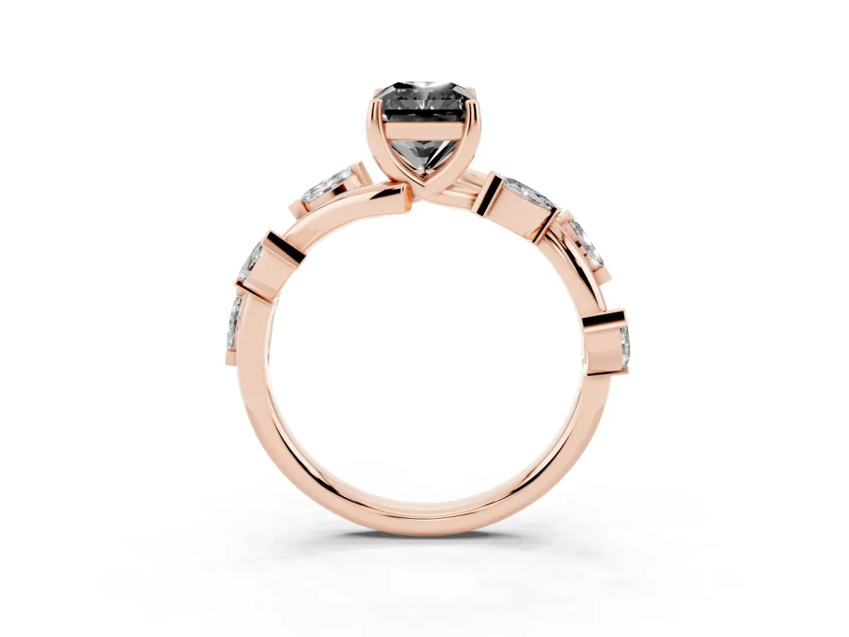 Fancy Black Radiant Cut Solitaire Twisted Band Marquise Accent Prong Setting Ring Rose gold