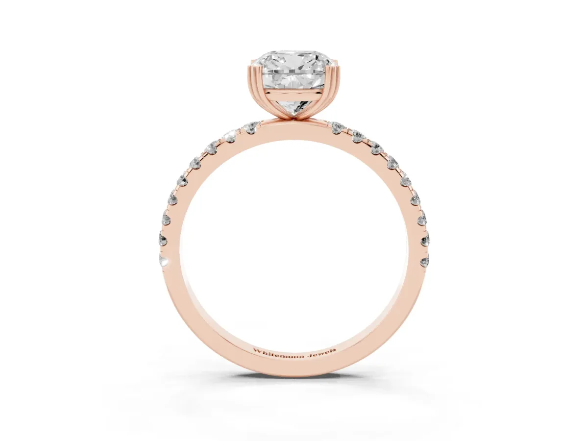 Cushion Cut Brilliant Solitaire with Pavé Band and Claw Prong Setting Rose gold