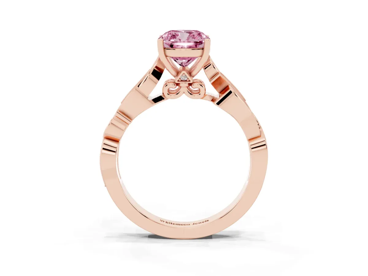 Fancy Pink Cushion Cut Solitaire Vine Band with Milgrain Prong Setting Rose gold