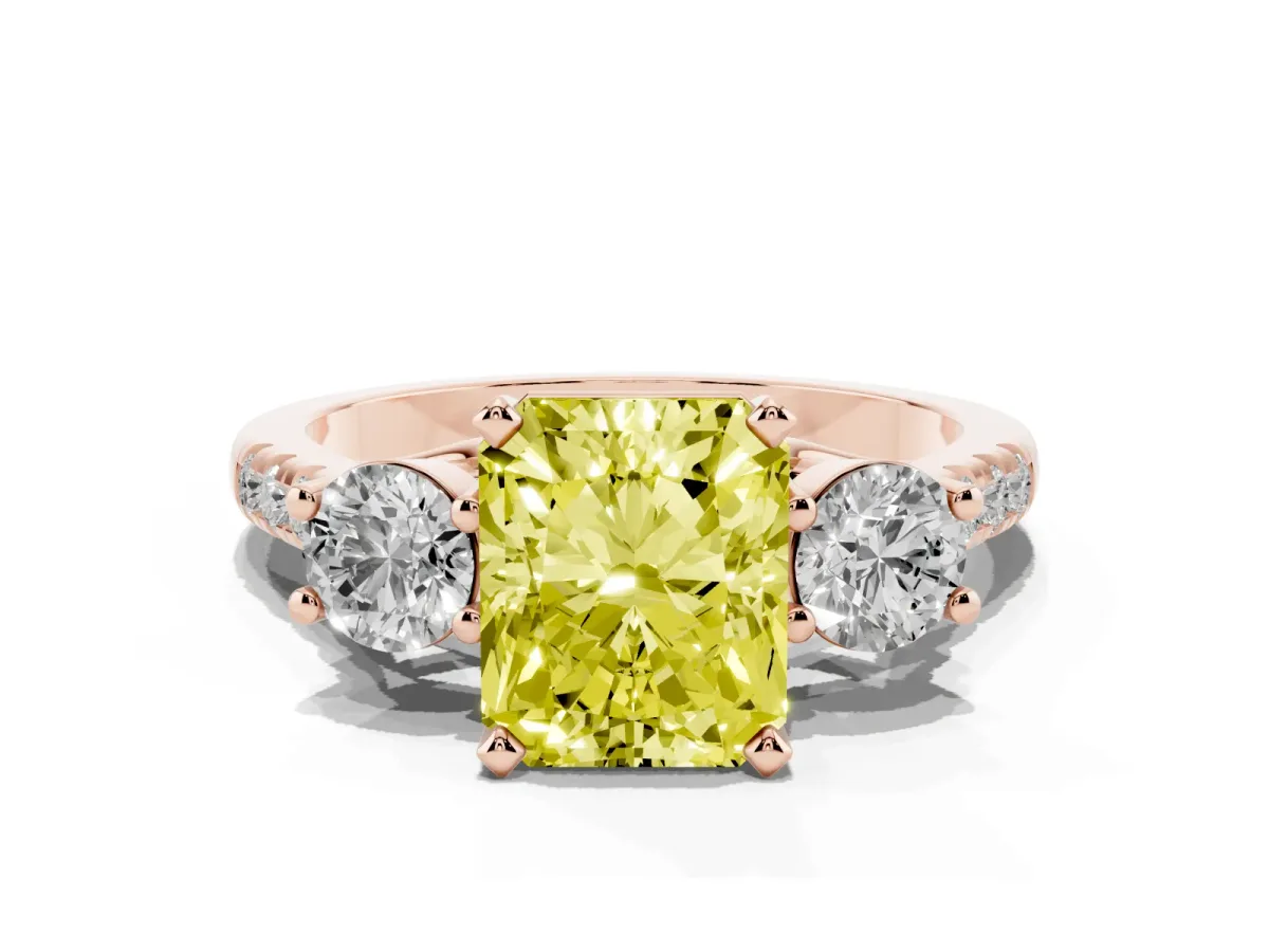 Fancy Yellow Three-Stone Radiant Cut Diamond Pavé Band with Four-Prong Setting Rose gold