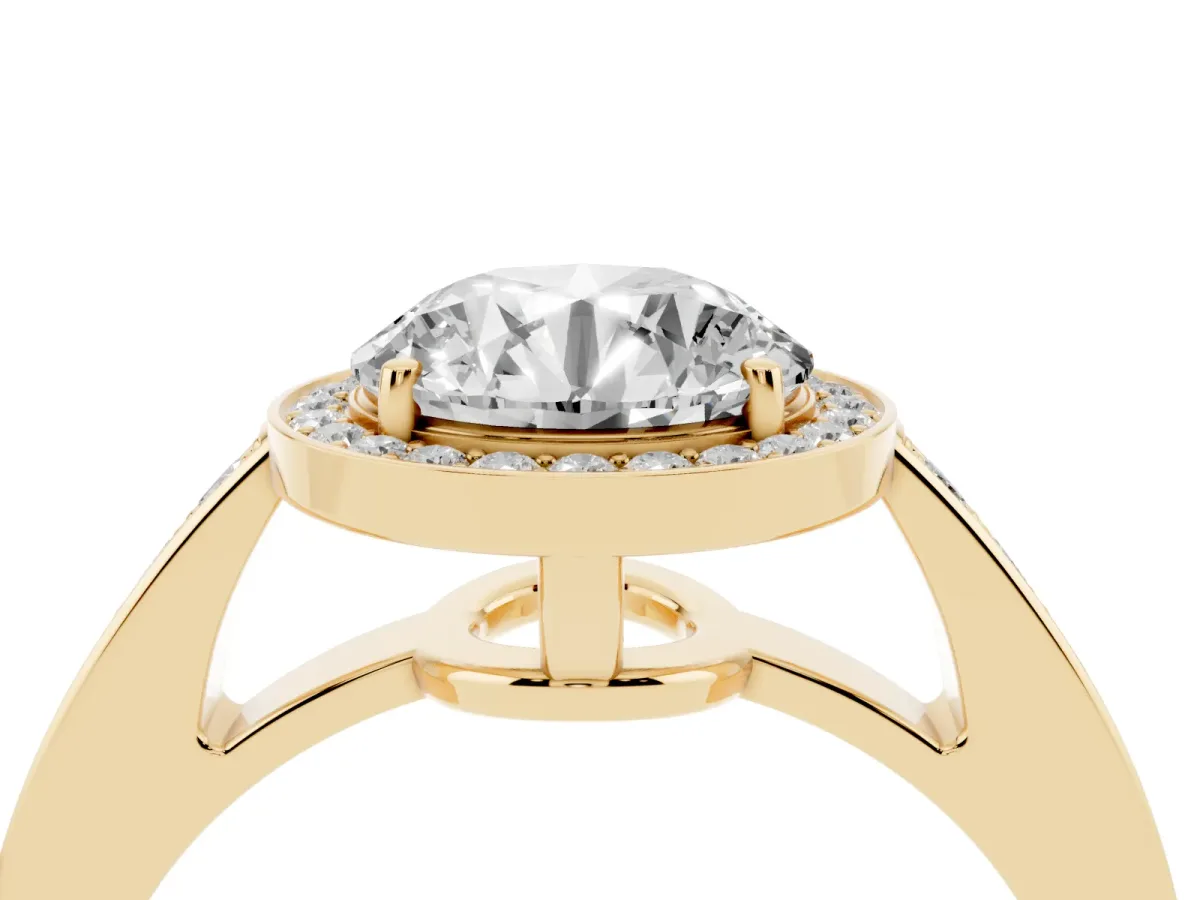 Round Cut Halo Pavé Diamond Engagement Ring with Bezel Setting Yellow gold
