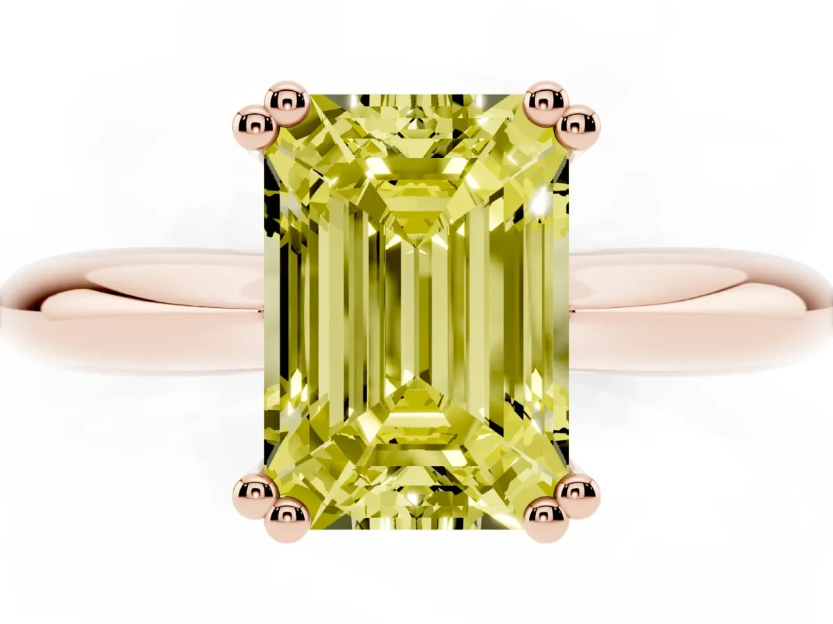 Fancy Yellow Emerald Cut Cut Solitaire Engagement Ring with Tapered Band and Four-Prong Setting Rose gold