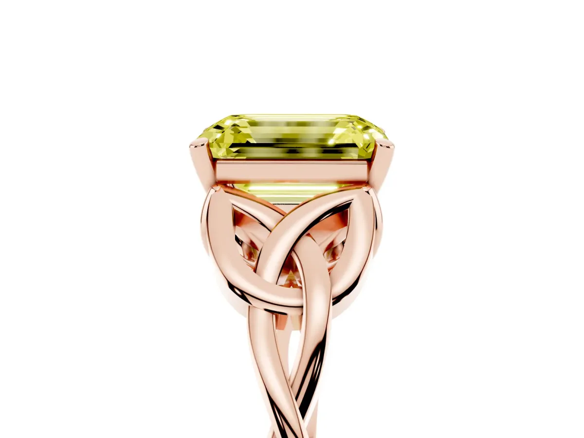 Fancy Yellow Emerald Cut Diamond Solitaire Engagement Ring with Celtic Knot Band and Four-Prong Setting Rose gold