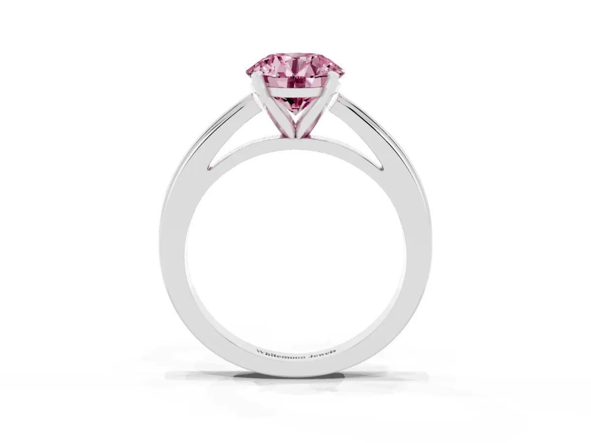 Fancy Pink Round Cut Solitaire Diamond Ring with Four-Prong Setting and Classic Band Platinum