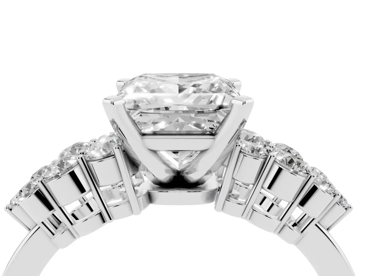 Princess Cut Cluster Diamond Engagement Ring with Pavé Band and Four-Prong Setting Platinum