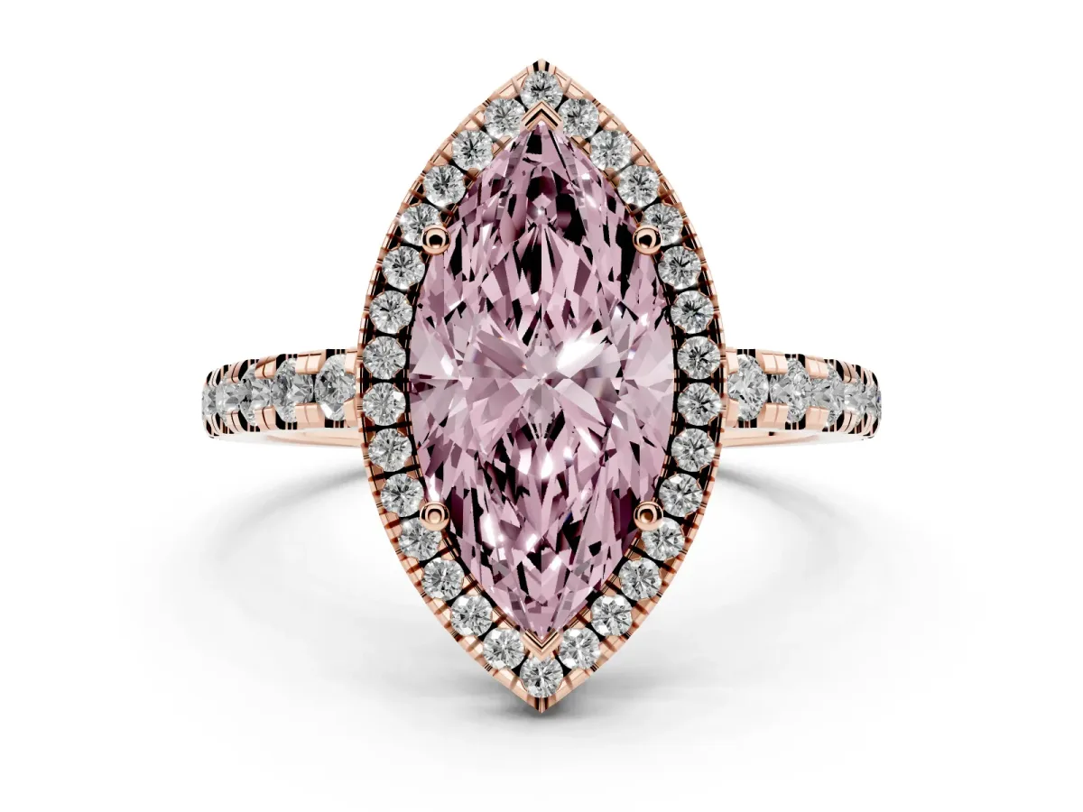 Fancy Pink Marquise Cut Diamond Halo Ring with Pavé Band and Four-Prong Setting Rose gold