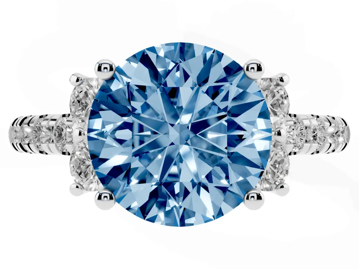 Fancy Blue Round Cut Diamond Three-Stone Pave Band with Four-Prong Setting Platinum