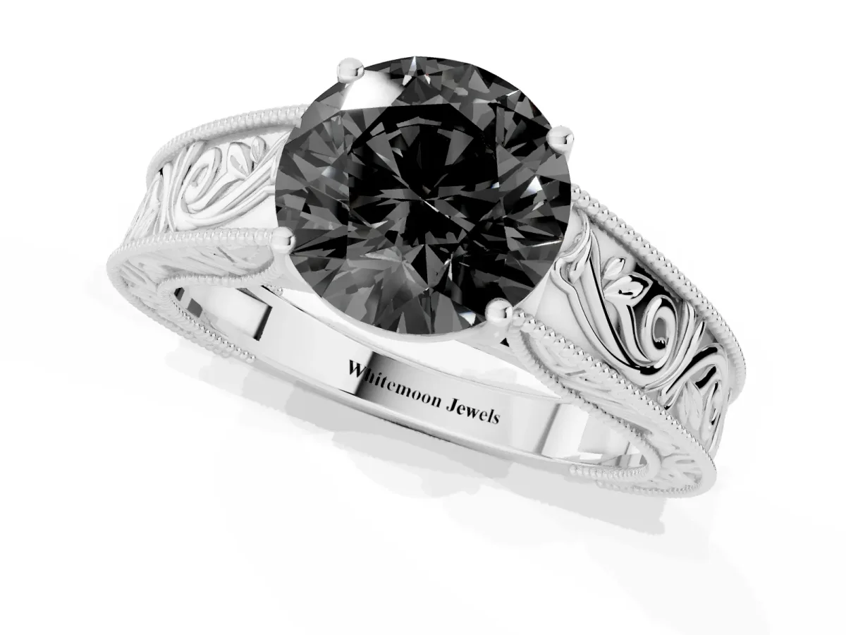 Fancy Black Round Cut Diamond Solitaire Ring with Engraved Band and Four-Prong Setting White gold