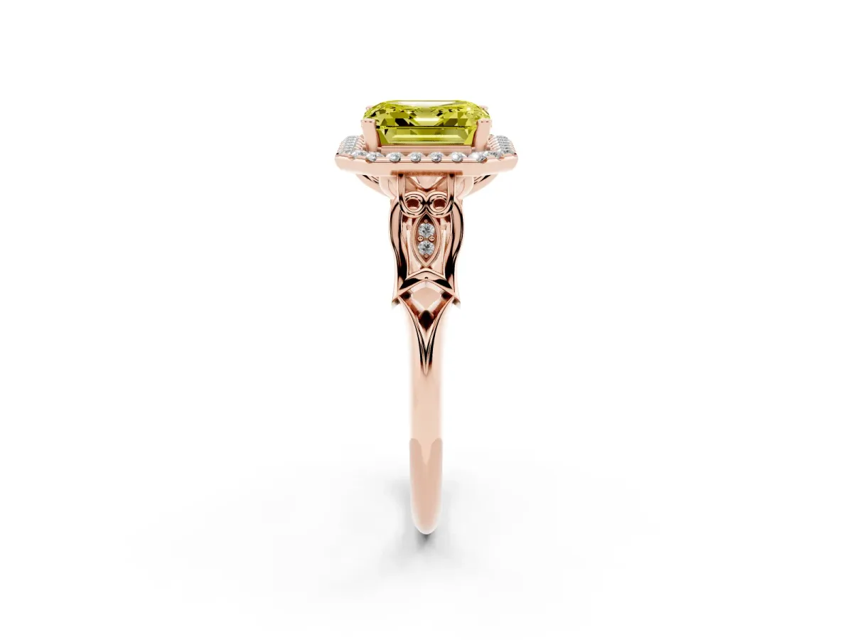 Fancy Yellow Asscher Cut Halo Diamond Engagement Ring with Filigree Band and Four-Prong Setting Rose gold