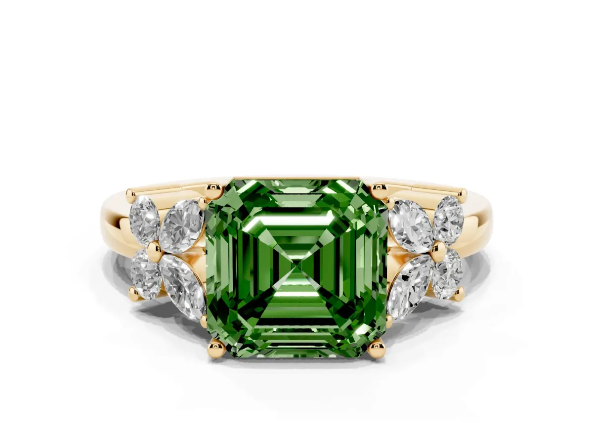 Fancy Green Asscher Cut Diamond Floral Cluster Ring with Solitaire Band and Prong Setting Yellow gold
