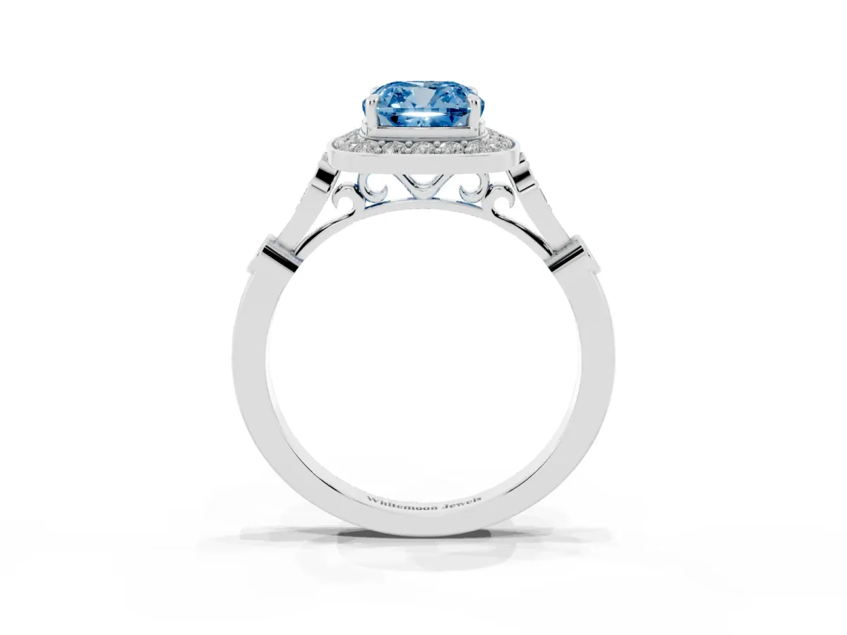 Fancy Blue Cushion Cut Halo Diamond Engagement Ring with Twisted Band and Four-Prong Setting Silver