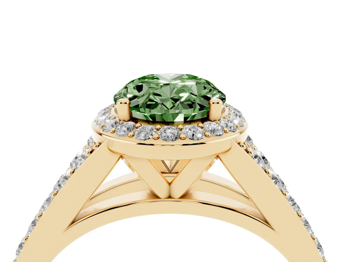 Fancy Green Oval Cut Diamond Split Shank Halo Ring with Four-Prong Setting Yellow gold