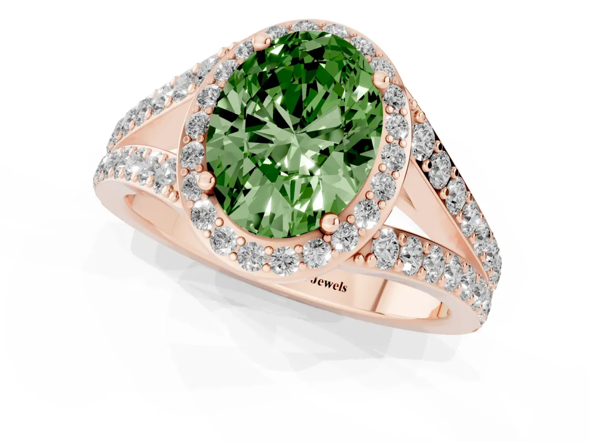 Fancy Green Oval Cut Diamond Split Shank Halo Ring with Four-Prong Setting Rose gold