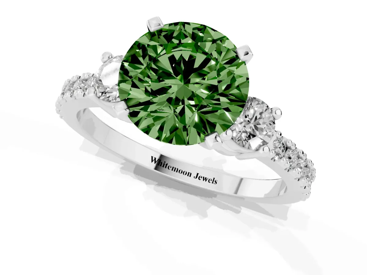 Fancy Green Round Cut Three-Stone Diamond Pavé Band with Prong Setting Platinum