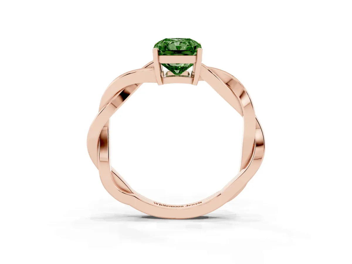 Fancy Green Radiant Cut Solitaire Twisted Pave Diamond Ring with Four-Prong Setting Rose gold