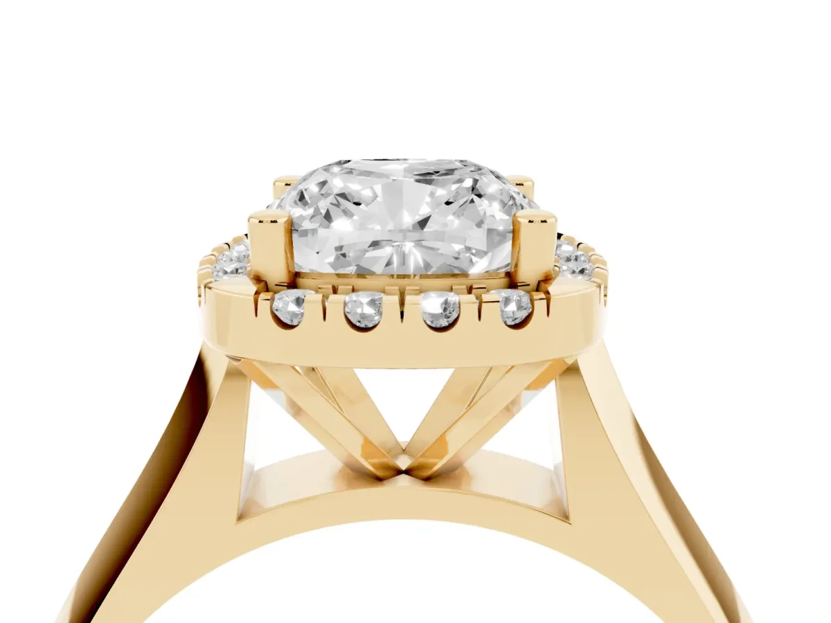 Cushion Cut Cut Halo Solitaire Engagement Ring with Square Band and Four-Prong Setting Yellow gold