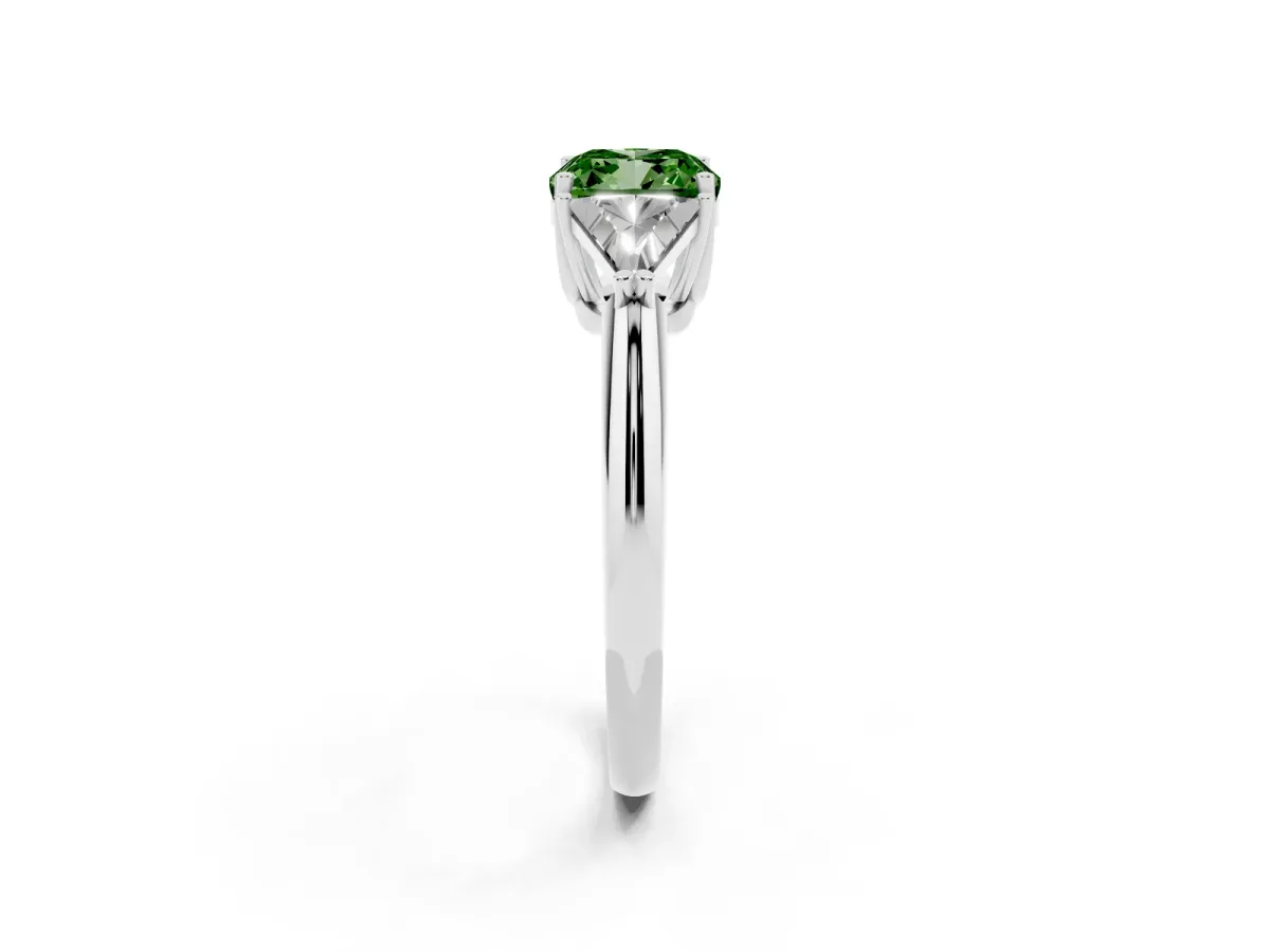 Fancy Green Three-Stone Cushion Cut Diamond Engagement Ring with Trillion Side Stones and Prong Setting Silver
