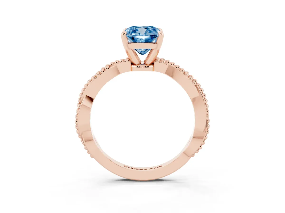 Fancy Blue Cushion Cut Solitaire Twisted Band with Bead Prong Setting Rose gold