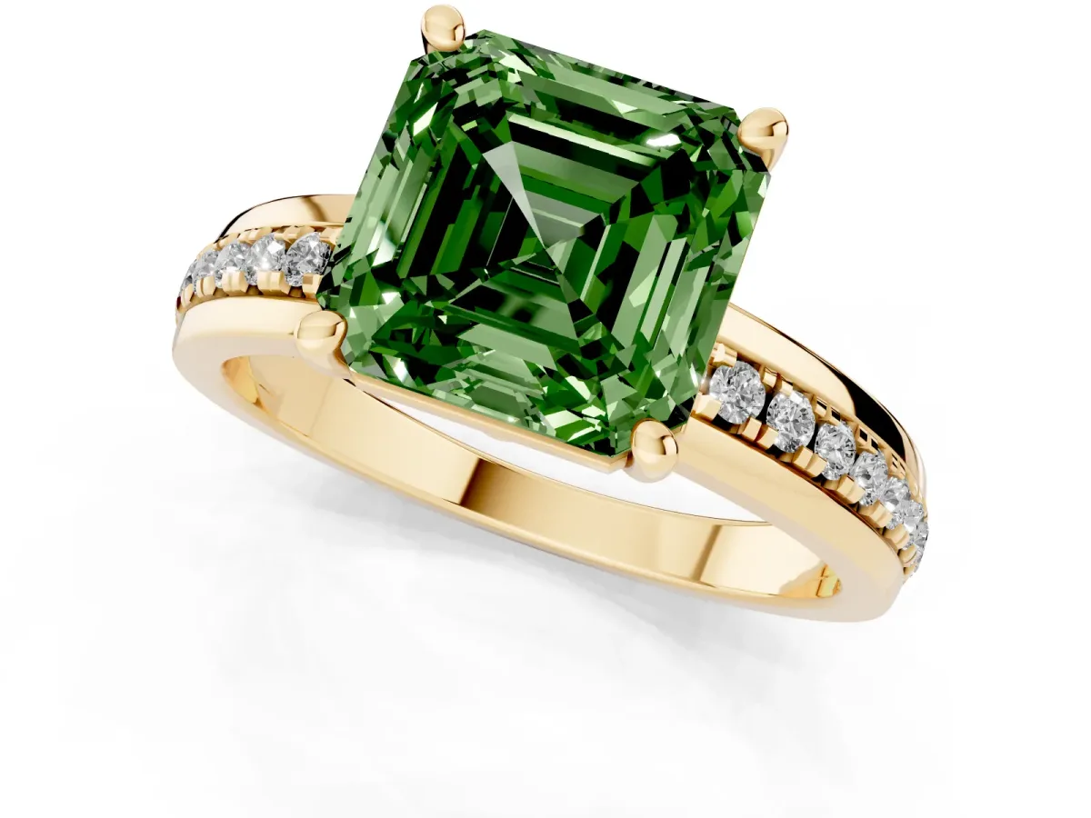 Fancy Green Asscher Cut Solitaire Diamond Ring with Channel Set Band and Six-Prong Setting Yellow gold