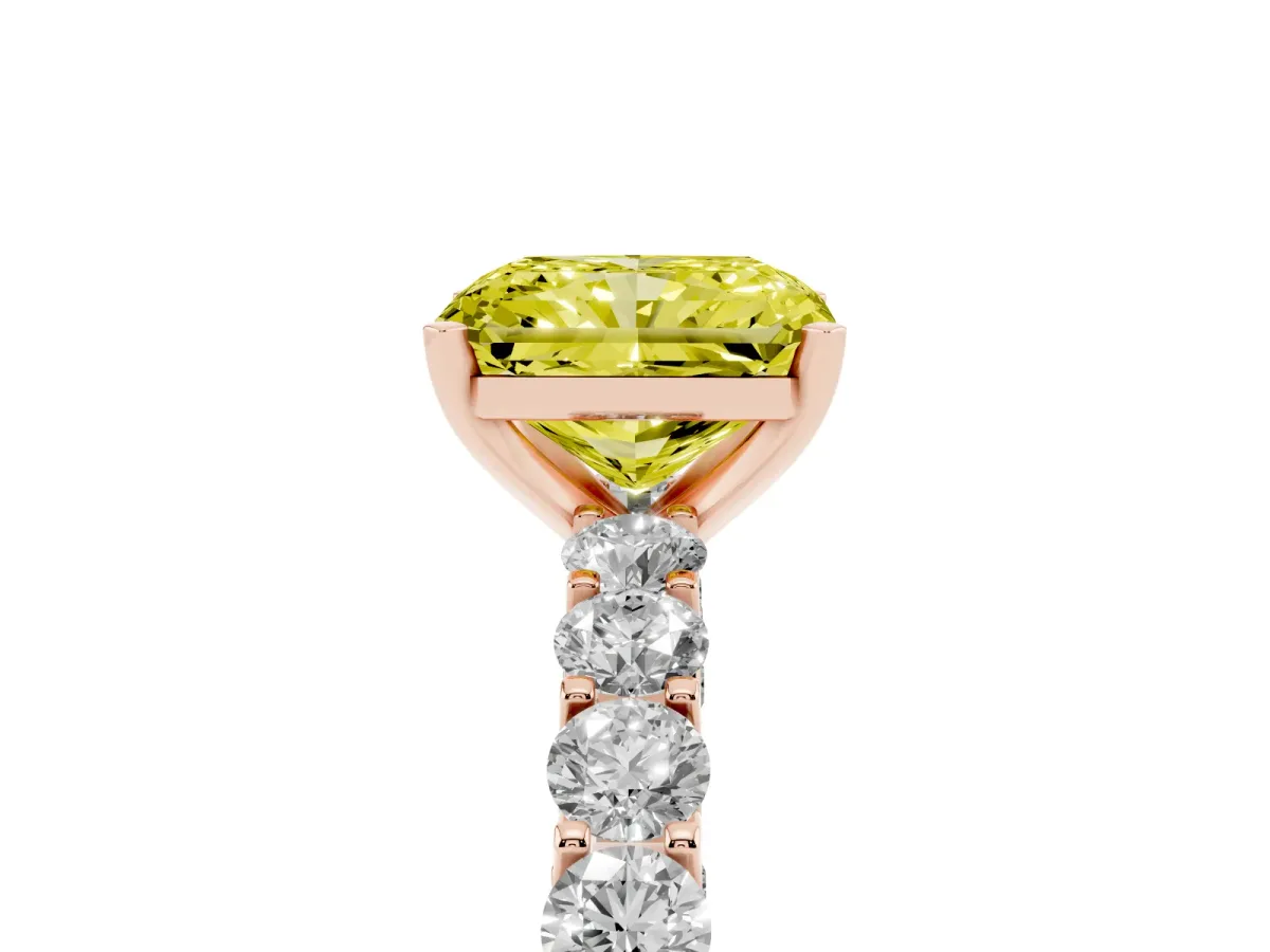 Fancy Yellow Radiant Cut Diamond Solitaire Ring with Shared Prong Pavé Band and Four-Prong Setting Rose gold
