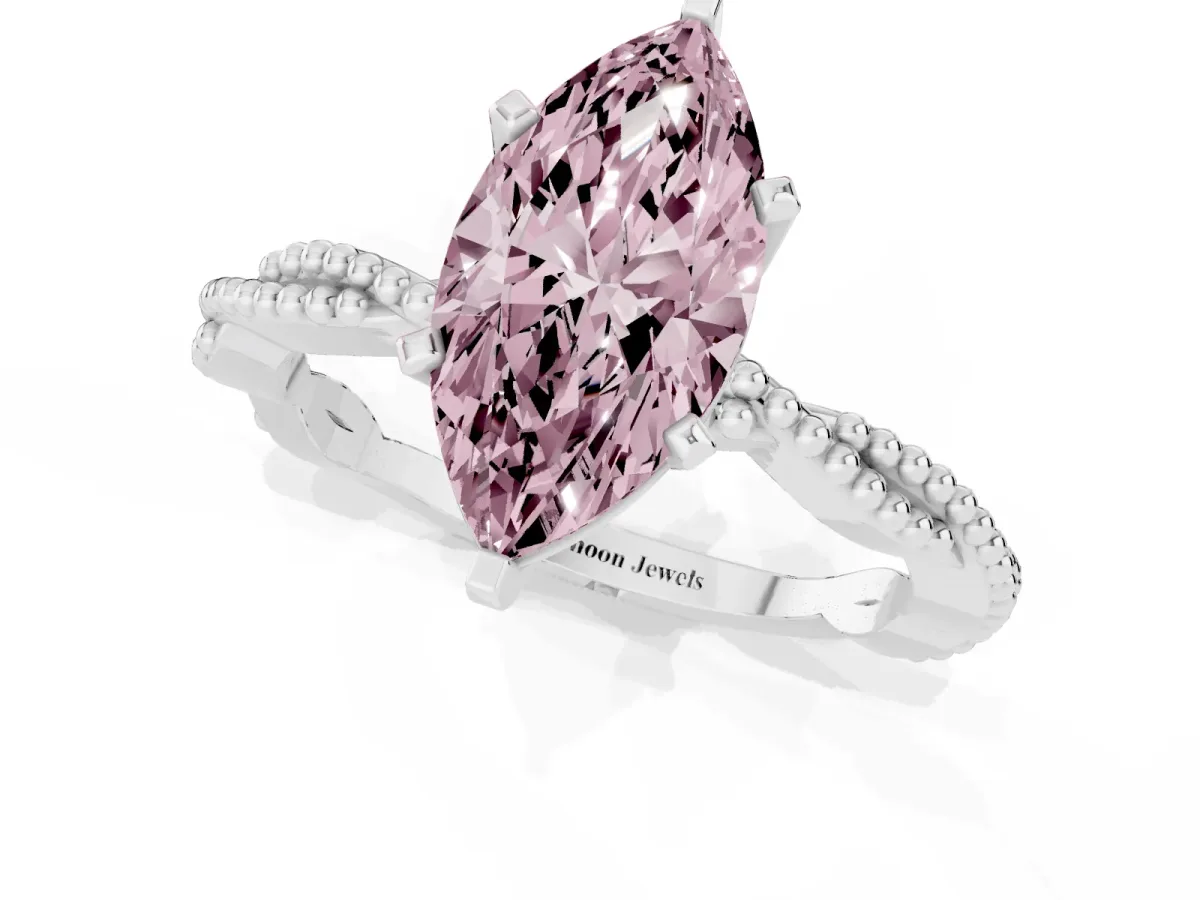 Fancy Pink Marquise Cut Solitaire Twisted Band with Bead Prong Setting Silver