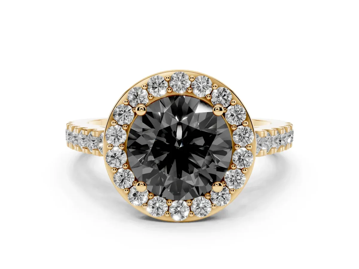 Fancy Black Round Cut Diamond Halo Ring with Round Pavé Split Shank and Prong Setting Yellow gold