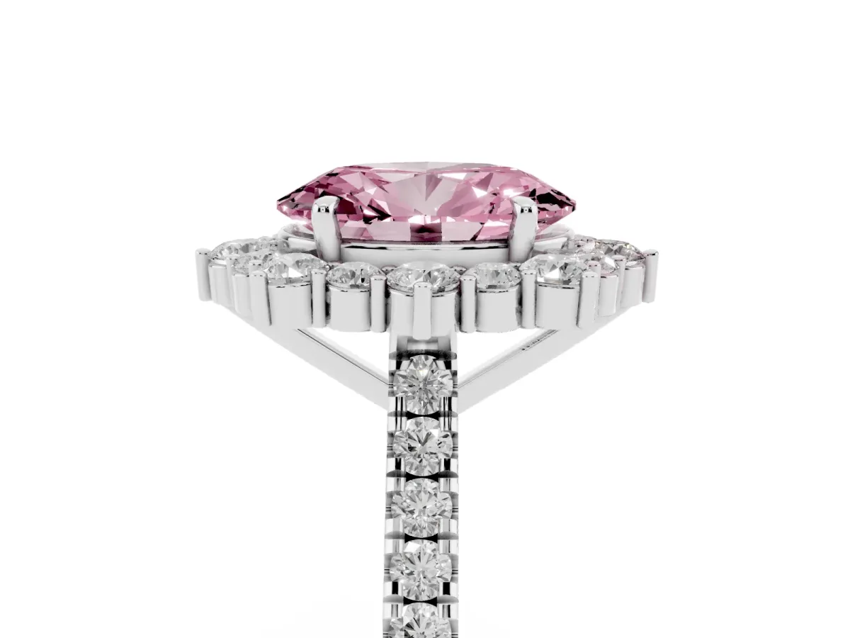 Fancy Pink Oval Cut Halo Diamond Ring with Pavé Band and Prong Setting Silver