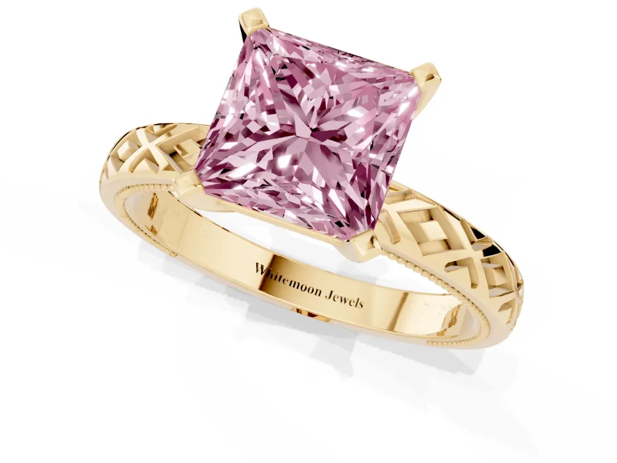 Fancy Pink Princess Cut Solitaire Diamond Ring with Milgrain and Black Enamel X Pattern Band Yellow gold