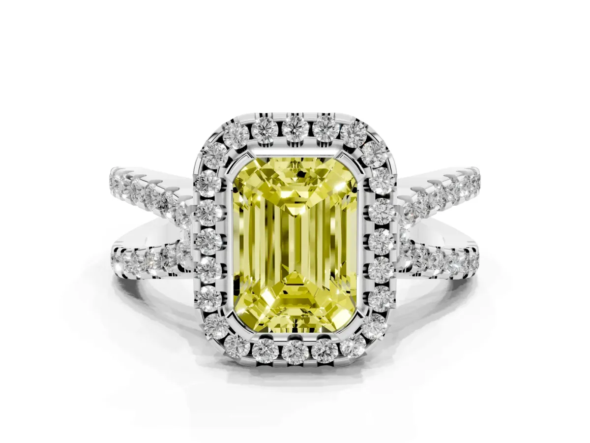 Fancy Yellow Emerald Cut Diamond Halo Ring with Split Shank Pavé Band and Prong Setting Silver