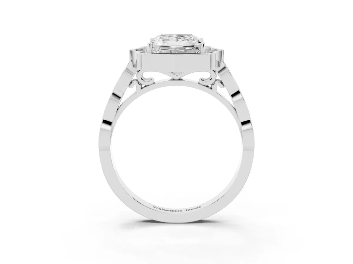 Princess Cut Halo Diamond Engagement Ring with Milgrain Band and Four-Prong Setting Silver