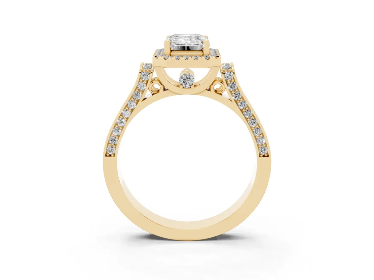 Emerald Cut Halo Pave Split Shank Prong Setting Ring Yellow gold