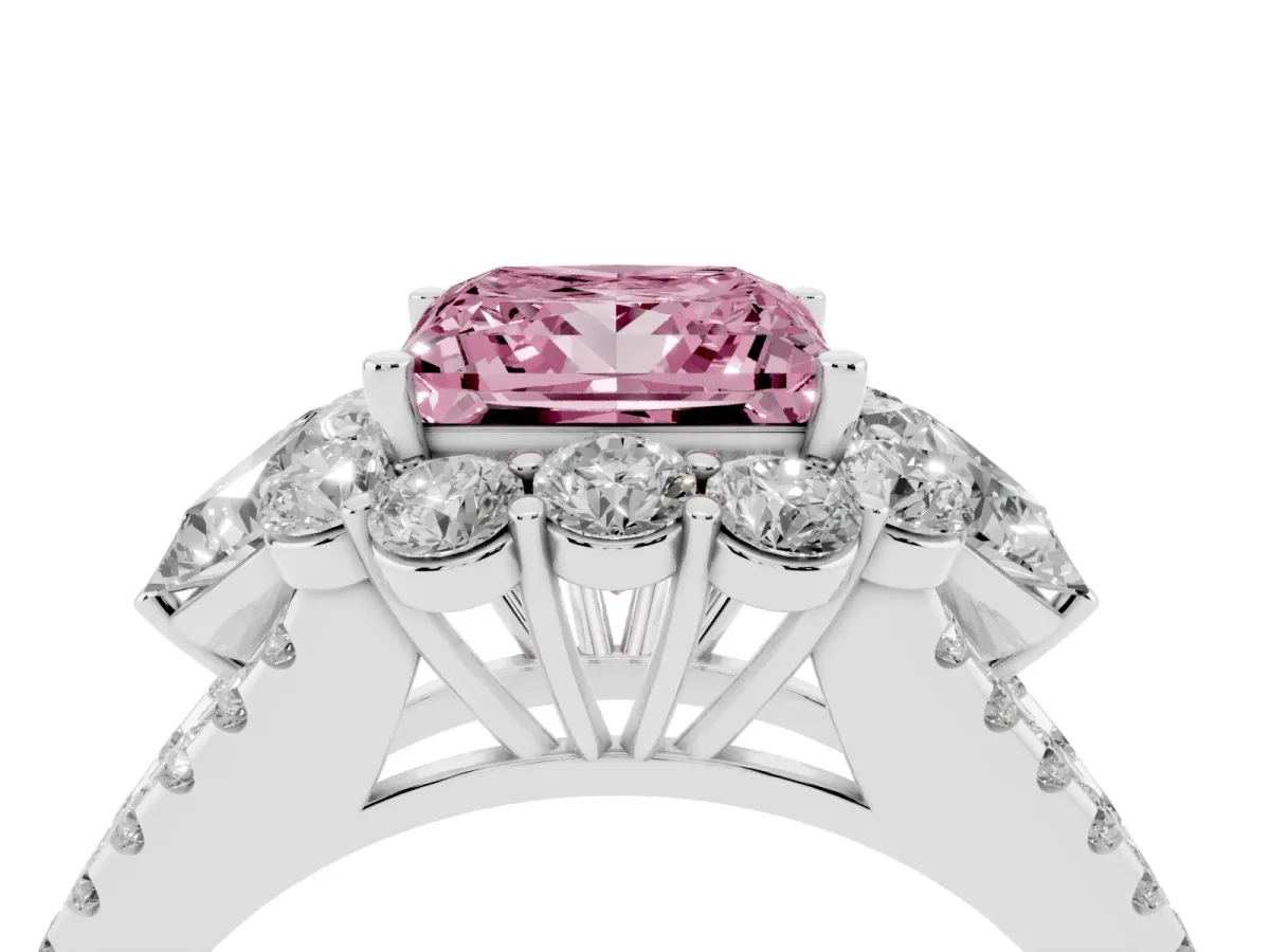 Fancy Pink Princess Cut Halo Split Shank Diamond Engagement Ring with Prong Setting Platinum