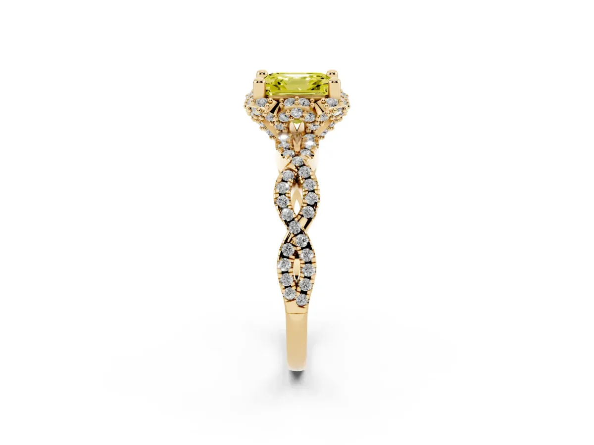 Fancy Yellow Asscher Cut Halo Twist Band Solitaire Ring with Six-Prong Setting Yellow gold