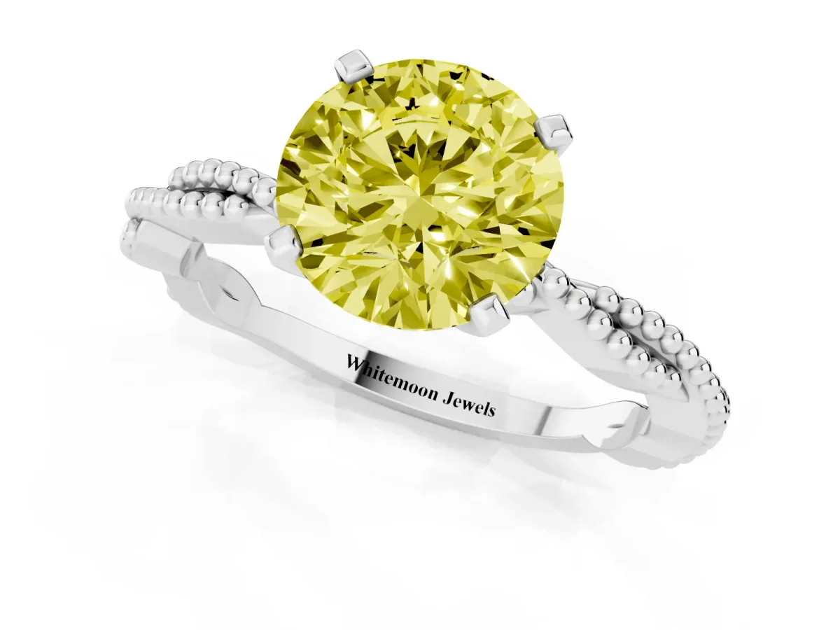 Fancy Yellow Round Cut Solitaire Twisted Band with Bead Prong Setting Platinum