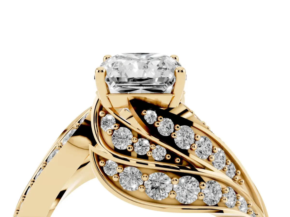 Radiant Cut Diamond Solitaire Ring with Prong Setting and Twisted Pavé Band Yellow gold