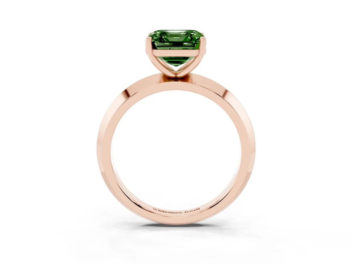 Fancy Green Asscher Cut Cut Solitaire Engagement Ring with Flat Band and Four-Prong Setting Rose gold